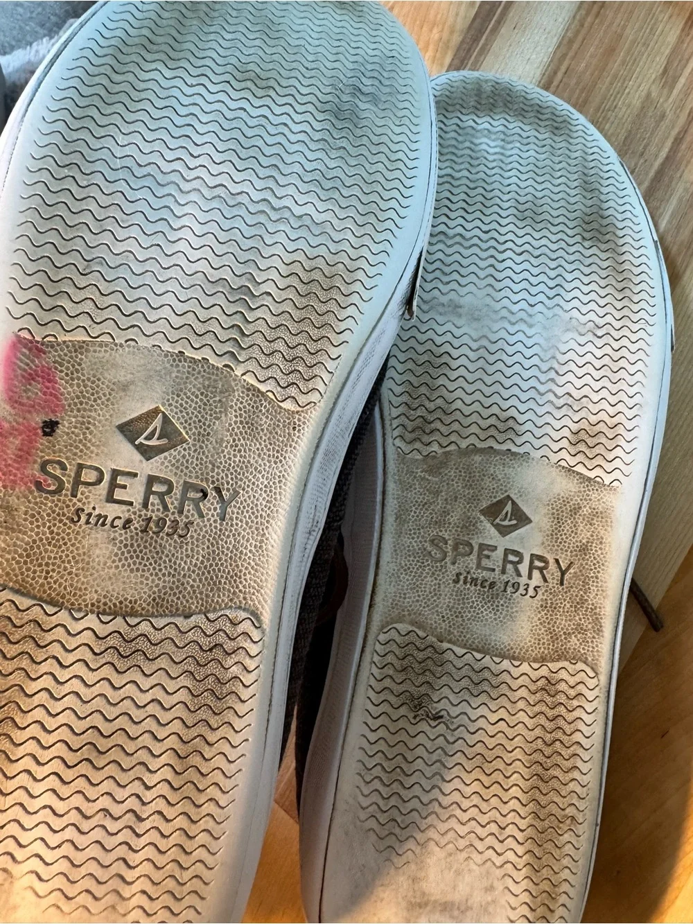 Sperry Gray Canvas Boat Shoes with Brown Laces